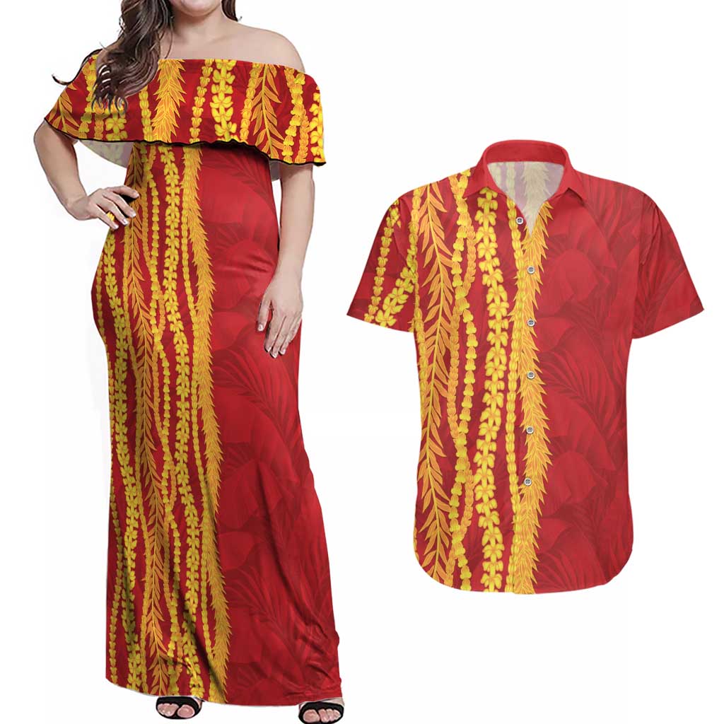 Hawaii Prince Kuhio Couples Matching Off Shoulder Maxi Dress and Hawaiian Shirt Red Hawaiian Lau Maia With Leis LT05 Red - Polynesian Pride