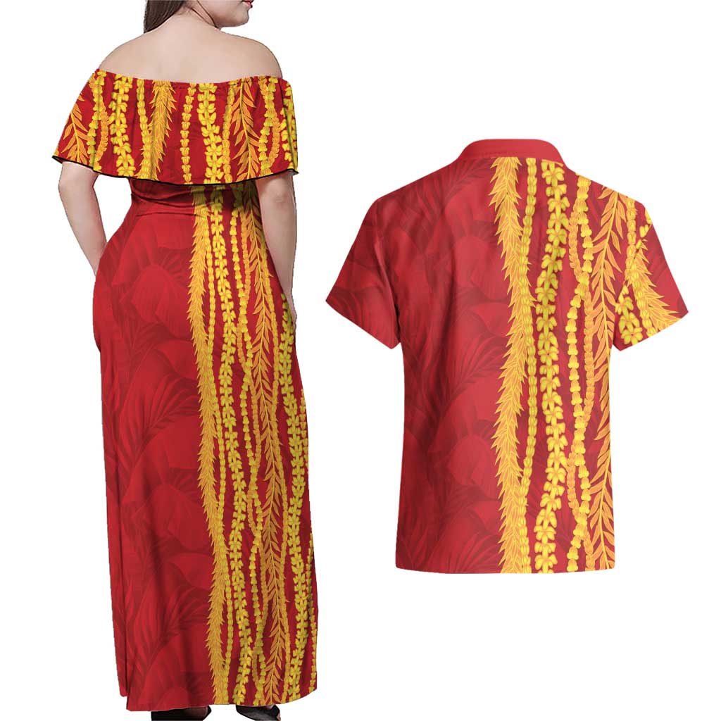 Hawaii Prince Kuhio Couples Matching Off Shoulder Maxi Dress and Hawaiian Shirt Red Hawaiian Lau Maia With Leis LT05 - Polynesian Pride