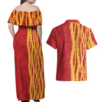Hawaii Prince Kuhio Couples Matching Off Shoulder Maxi Dress and Hawaiian Shirt Red Hawaiian Lau Maia With Leis LT05 - Polynesian Pride