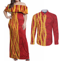 Hawaii Prince Kuhio Couples Matching Off Shoulder Maxi Dress and Long Sleeve Button Shirt Red Hawaiian Lau Maia With Leis LT05 Red - Polynesian Pride