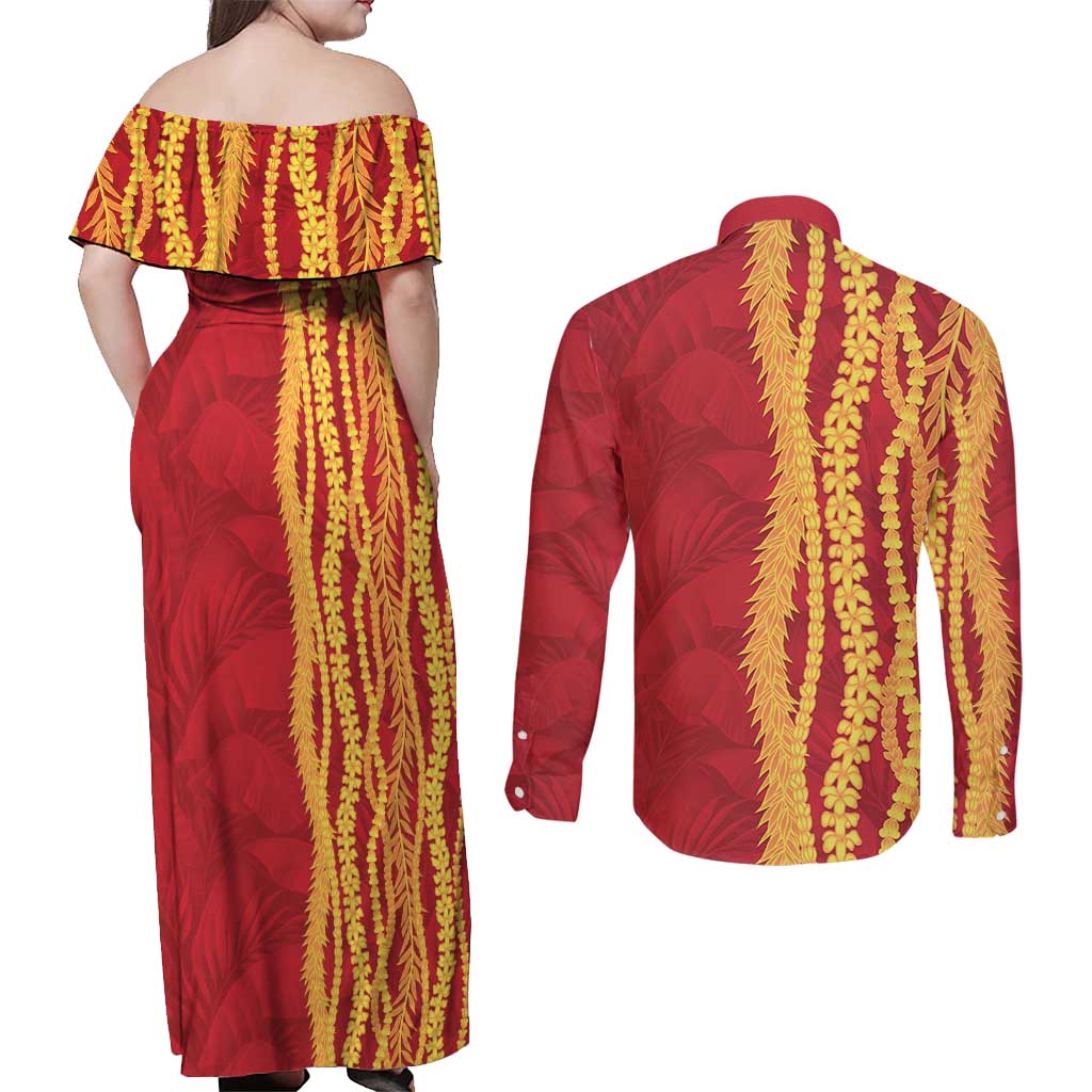 Hawaii Prince Kuhio Couples Matching Off Shoulder Maxi Dress and Long Sleeve Button Shirt Red Hawaiian Lau Maia With Leis LT05 - Polynesian Pride