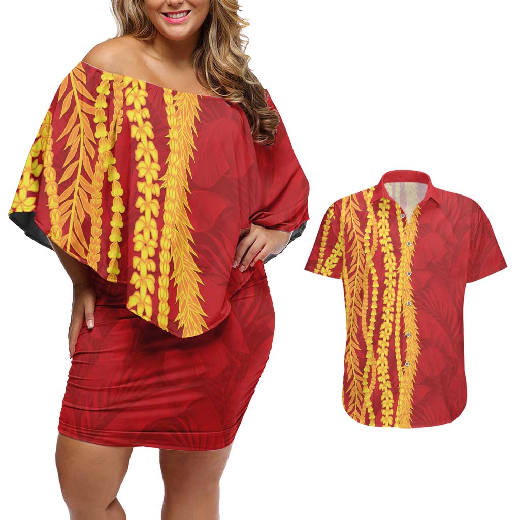 Hawaii Prince Kuhio Couples Matching Off Shoulder Short Dress and Hawaiian Shirt Red Hawaiian Lau Maia With Leis LT05 Red - Polynesian Pride