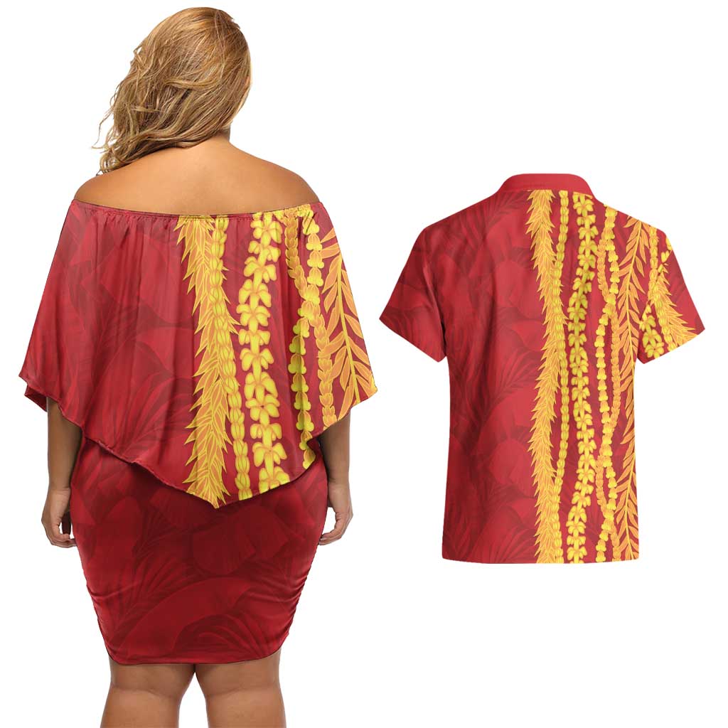 Hawaii Prince Kuhio Couples Matching Off Shoulder Short Dress and Hawaiian Shirt Red Hawaiian Lau Maia With Leis LT05 - Polynesian Pride