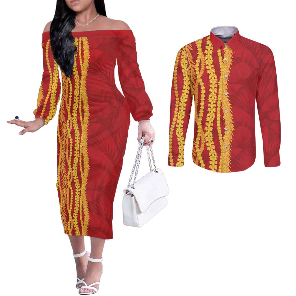 Hawaii Prince Kuhio Couples Matching Off The Shoulder Long Sleeve Dress and Long Sleeve Button Shirt Red Hawaiian Lau Maia With Leis