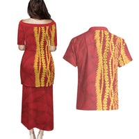 Hawaii Prince Kuhio Couples Matching Puletasi and Hawaiian Shirt Red Hawaiian Lau Maia With Leis LT05 - Polynesian Pride
