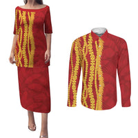 Hawaii Prince Kuhio Couples Matching Puletasi and Long Sleeve Button Shirt Red Hawaiian Lau Maia With Leis LT05 Red - Polynesian Pride