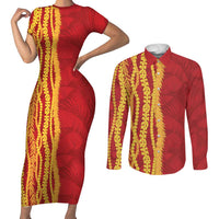 Hawaii Prince Kuhio Couples Matching Short Sleeve Bodycon Dress and Long Sleeve Button Shirt Red Hawaiian Lau Maia With Leis LT05 Red - Polynesian Pride
