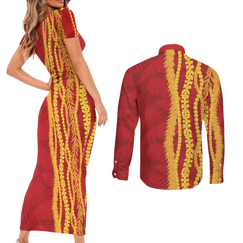 Hawaii Prince Kuhio Couples Matching Short Sleeve Bodycon Dress and Long Sleeve Button Shirt Red Hawaiian Lau Maia With Leis LT05 - Polynesian Pride