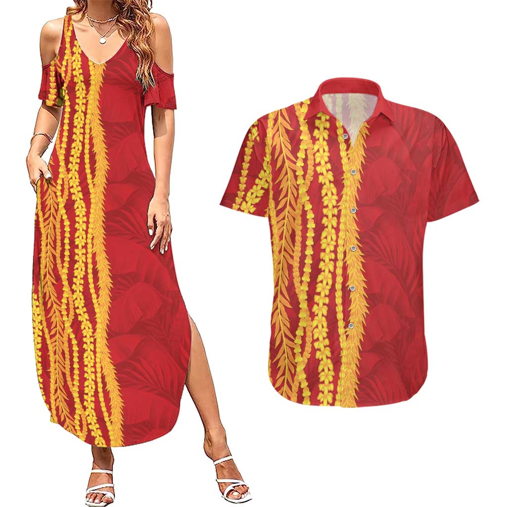 Hawaii Prince Kuhio Couples Matching Summer Maxi Dress and Hawaiian Shirt Red Hawaiian Lau Maia With Leis LT05 Red - Polynesian Pride
