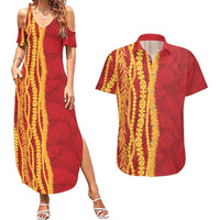 Hawaii Prince Kuhio Couples Matching Summer Maxi Dress and Hawaiian Shirt Red Hawaiian Lau Maia With Leis LT05 Red - Polynesian Pride