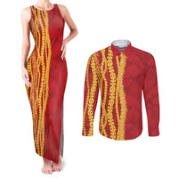 Hawaii Prince Kuhio Couples Matching Tank Maxi Dress and Long Sleeve Button Shirt Red Hawaiian Lau Maia With Leis LT05 Red - Polynesian Pride