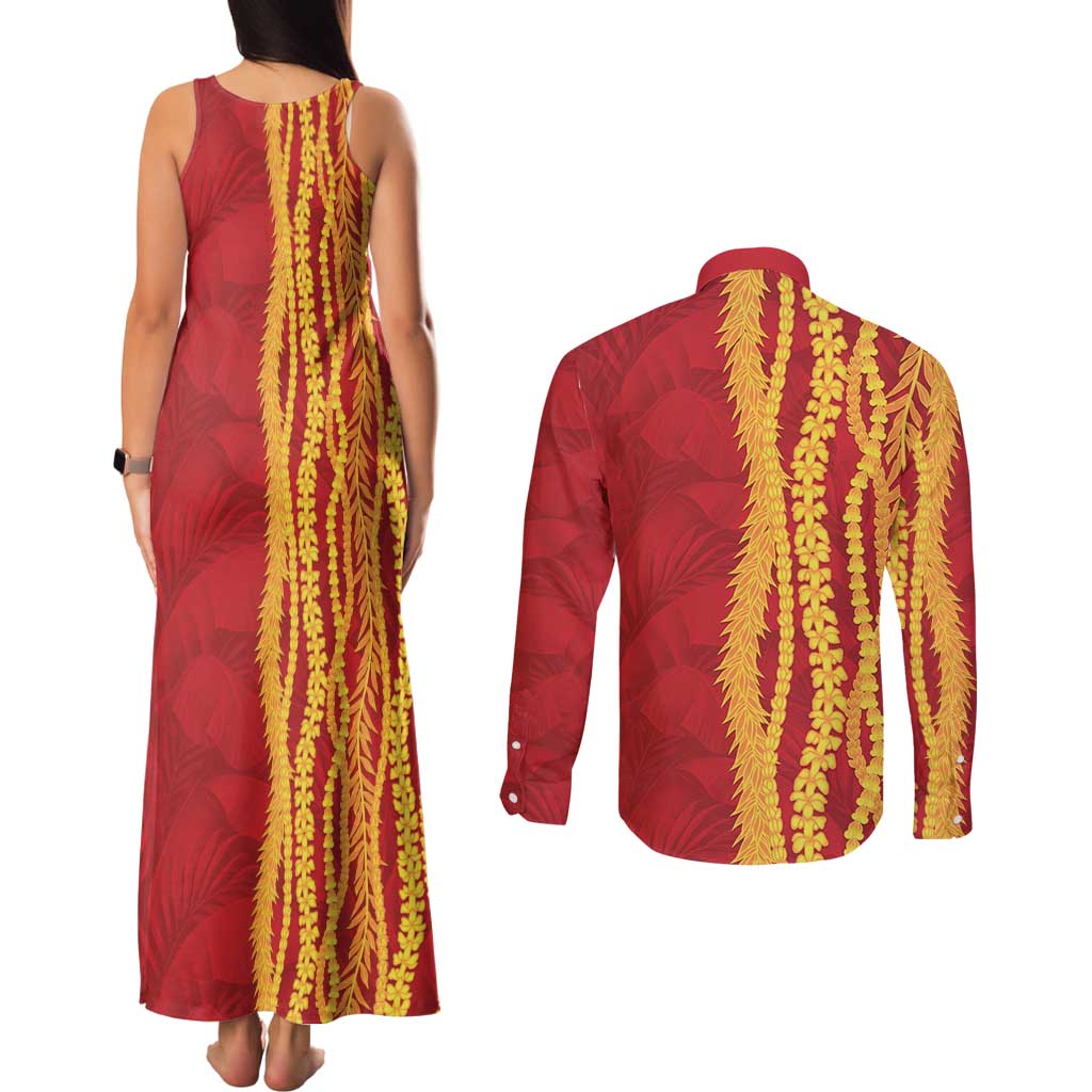 Hawaii Prince Kuhio Couples Matching Tank Maxi Dress and Long Sleeve Button Shirt Red Hawaiian Lau Maia With Leis LT05 - Polynesian Pride