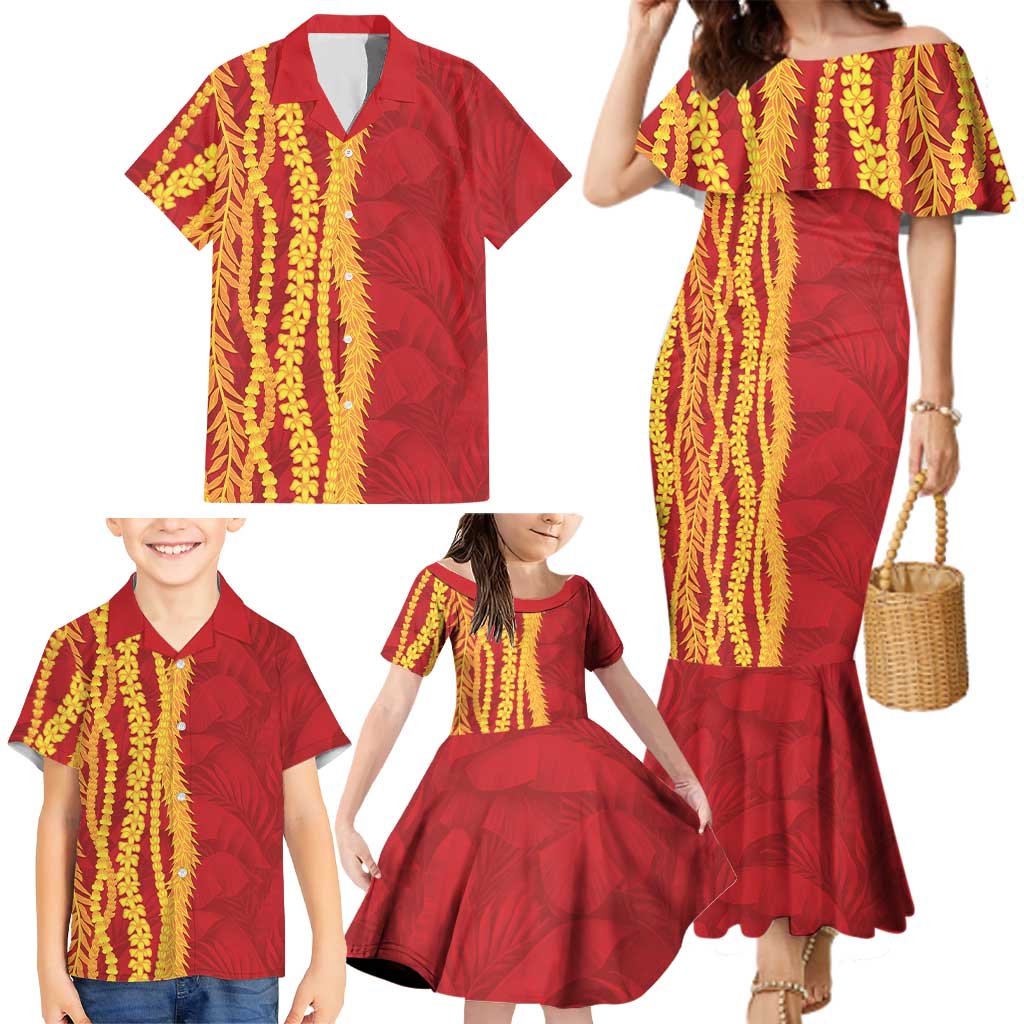 Hawaii Prince Kuhio Family Matching Mermaid Dress and Hawaiian Shirt Red Hawaiian Lau Maia With Leis LT05 - Polynesian Pride