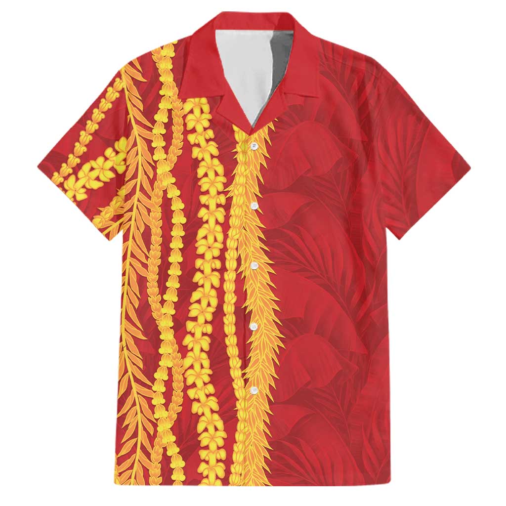 Hawaii Prince Kuhio Family Matching Off The Shoulder Long Sleeve Dress and Hawaiian Shirt Red Hawaiian Lau Maia With Leis LT05 Dad's Shirt - Short Sleeve Red - Polynesian Pride