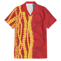Hawaii Prince Kuhio Family Matching Off The Shoulder Long Sleeve Dress and Hawaiian Shirt Red Hawaiian Lau Maia With Leis LT05 Dad's Shirt - Short Sleeve Red - Polynesian Pride