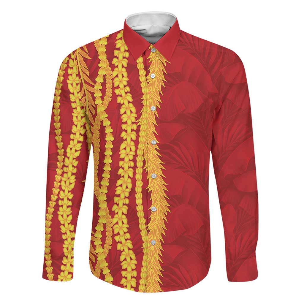 Hawaii Prince Kuhio Family Matching Off Shoulder Short Dress and Hawaiian Shirt Red Hawaiian Lau Maia With Leis LT05 Dad's Shirt - Long Sleeve Red - Polynesian Pride