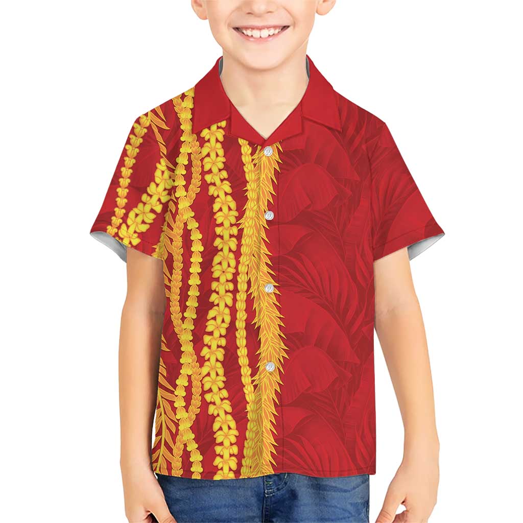 Hawaii Prince Kuhio Family Matching Off Shoulder Short Dress and Hawaiian Shirt Red Hawaiian Lau Maia With Leis LT05 Son's Shirt Red - Polynesian Pride