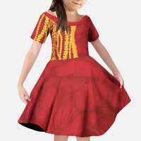 Hawaii Prince Kuhio Family Matching Puletasi and Hawaiian Shirt Red Hawaiian Lau Maia With Leis LT05 Daughter's Dress Red - Polynesian Pride