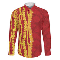 Hawaii Prince Kuhio Family Matching Puletasi and Hawaiian Shirt Red Hawaiian Lau Maia With Leis LT05 Dad's Shirt - Long Sleeve Red - Polynesian Pride