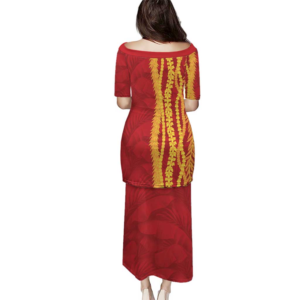 Hawaii Prince Kuhio Family Matching Puletasi and Hawaiian Shirt Red Hawaiian Lau Maia With Leis LT05 - Polynesian Pride