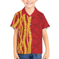 Hawaii Prince Kuhio Family Matching Summer Maxi Dress and Hawaiian Shirt Red Hawaiian Lau Maia With Leis LT05 Son's Shirt Red - Polynesian Pride