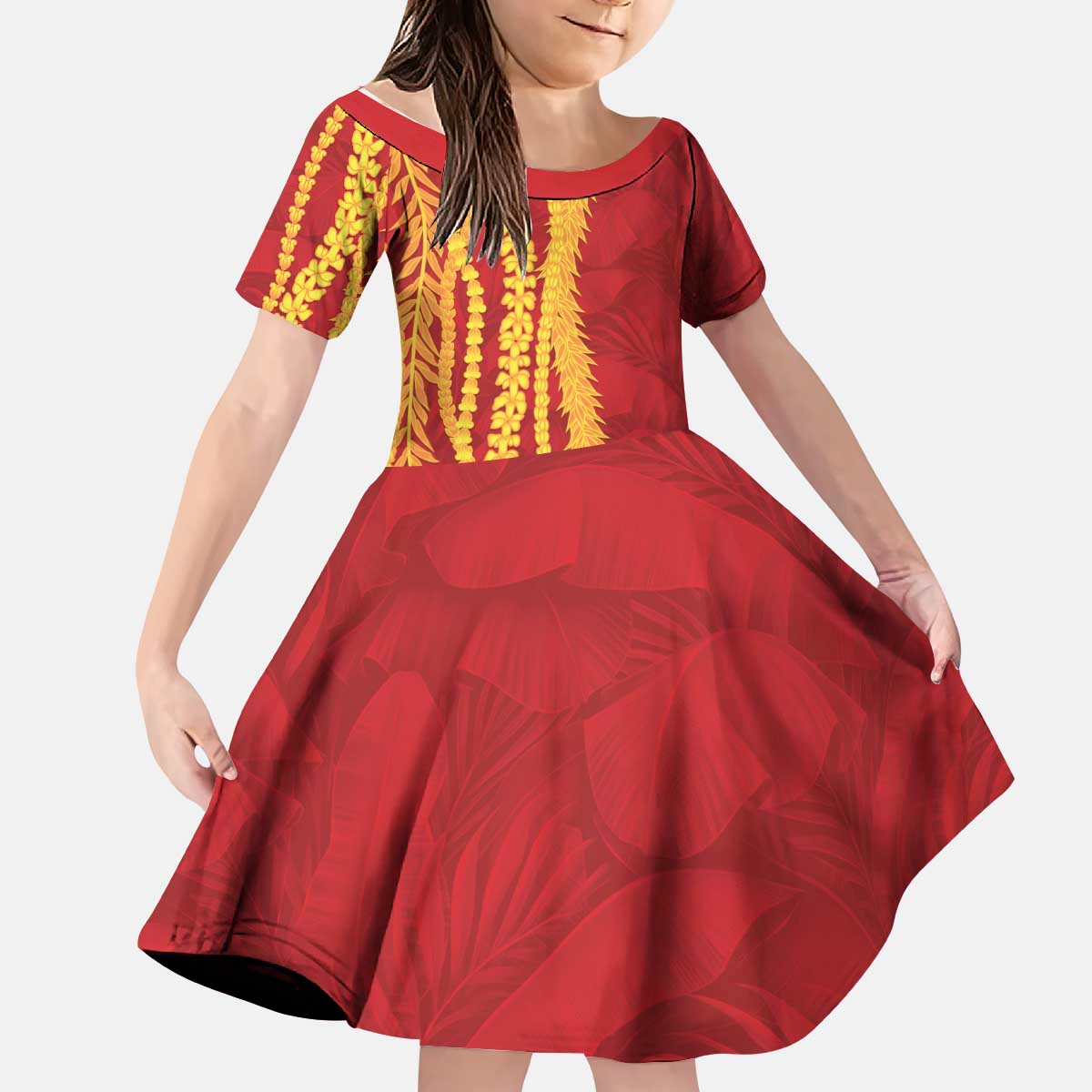 Hawaii Prince Kuhio Kid Short Sleeve Dress Red Hawaiian Lau Maia With Leis