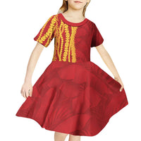 Hawaii Prince Kuhio Kid Short Sleeve Dress Red Hawaiian Lau Maia With Leis