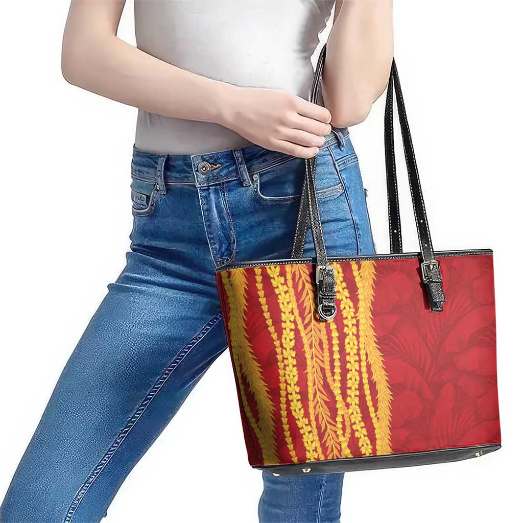 Hawaii Prince Kuhio Leather Tote Bag Red Hawaiian Lau Maia With Leis