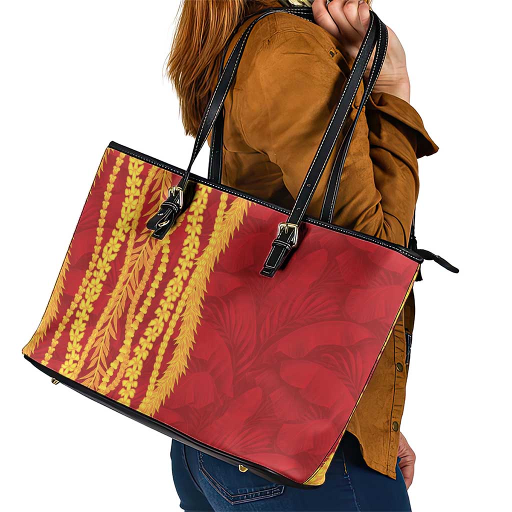 Hawaii Prince Kuhio Leather Tote Bag Red Hawaiian Lau Maia With Leis