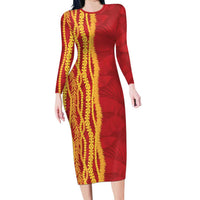 Hawaii Prince Kuhio Long Sleeve Bodycon Dress Red Hawaiian Lau Maia With Leis LT05 Long Dress Red - Polynesian Pride