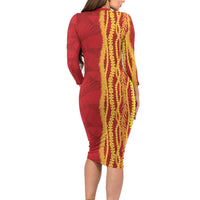 Hawaii Prince Kuhio Long Sleeve Bodycon Dress Red Hawaiian Lau Maia With Leis LT05 - Polynesian Pride