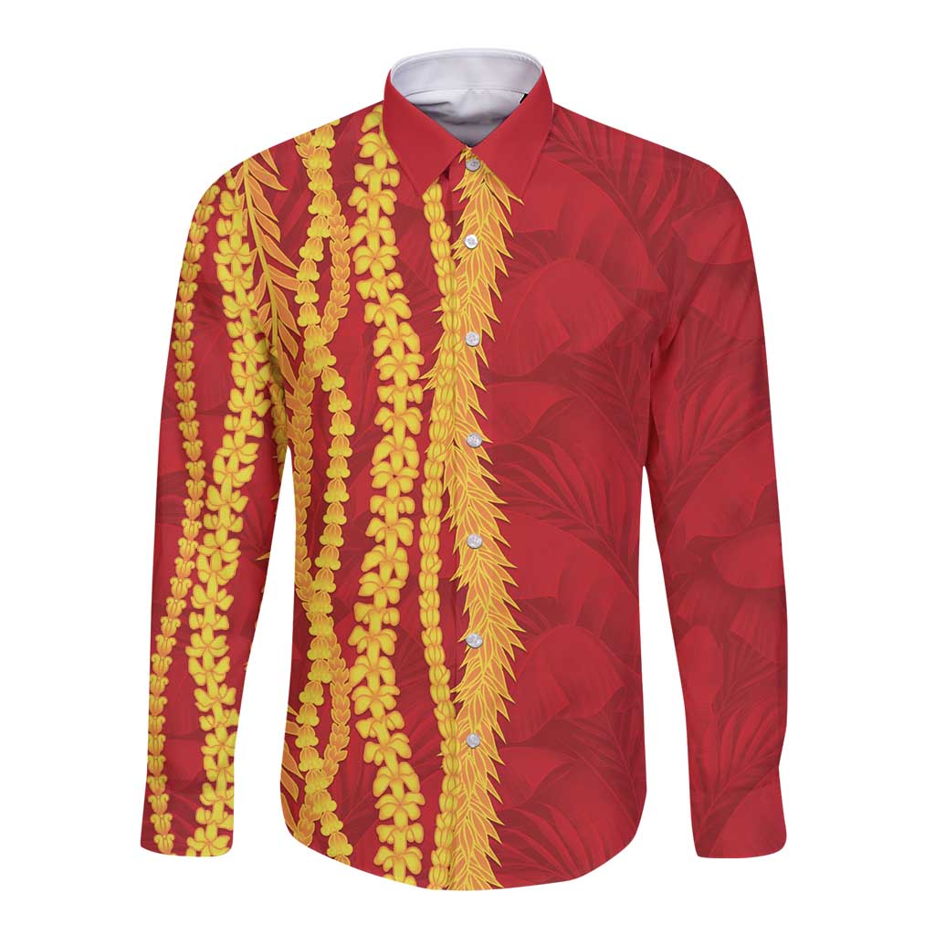 Hawaii Prince Kuhio Long Sleeve Button Shirt Red Hawaiian Lau Maia With Leis