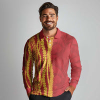 Hawaii Prince Kuhio Long Sleeve Polo Shirt Red Hawaiian Lau Maia With Leis