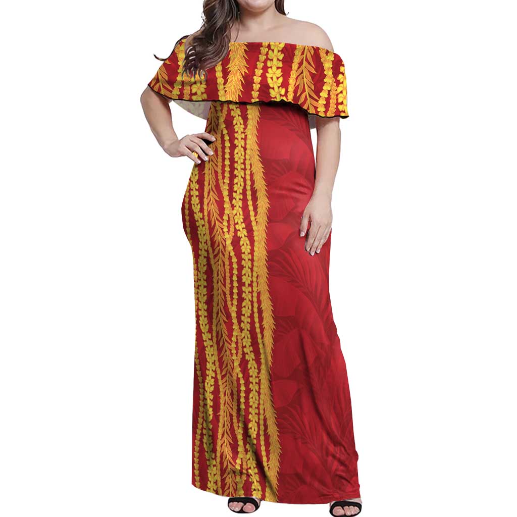 Hawaii Prince Kuhio Off Shoulder Maxi Dress Red Hawaiian Lau Maia With Leis