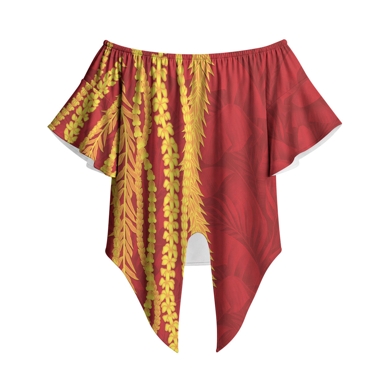 Hawaii Prince Kuhio Off Shoulder Wrap Waist Top Red Hawaiian Lau Maia With Leis LT05 Red - Polynesian Pride