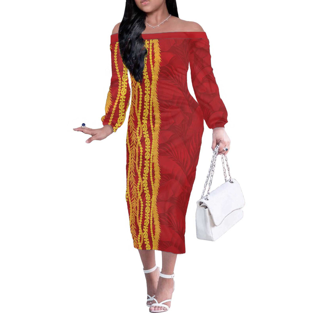 Hawaii Prince Kuhio Off The Shoulder Long Sleeve Dress Red Hawaiian Lau Maia With Leis LT05 Women Red - Polynesian Pride