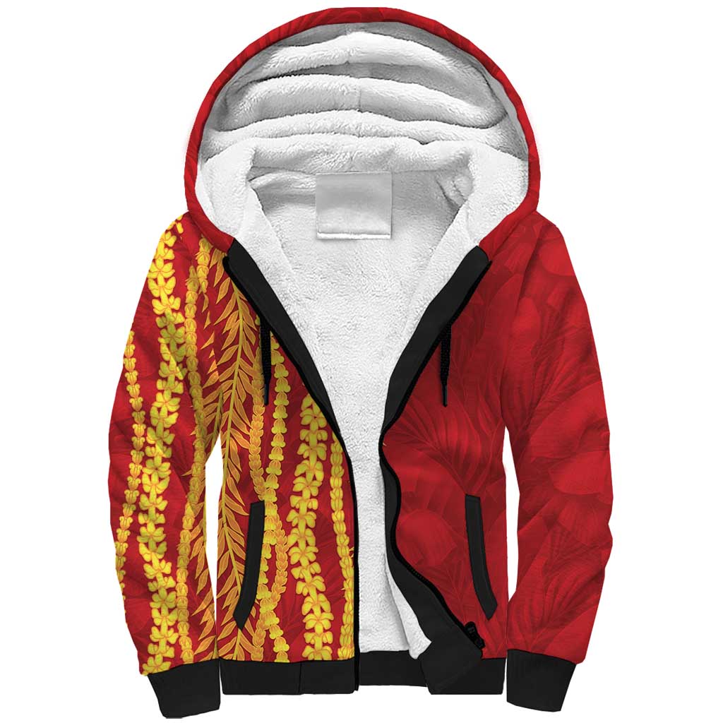 Hawaii Prince Kuhio Sherpa Hoodie Red Hawaiian Lau Maia With Leis