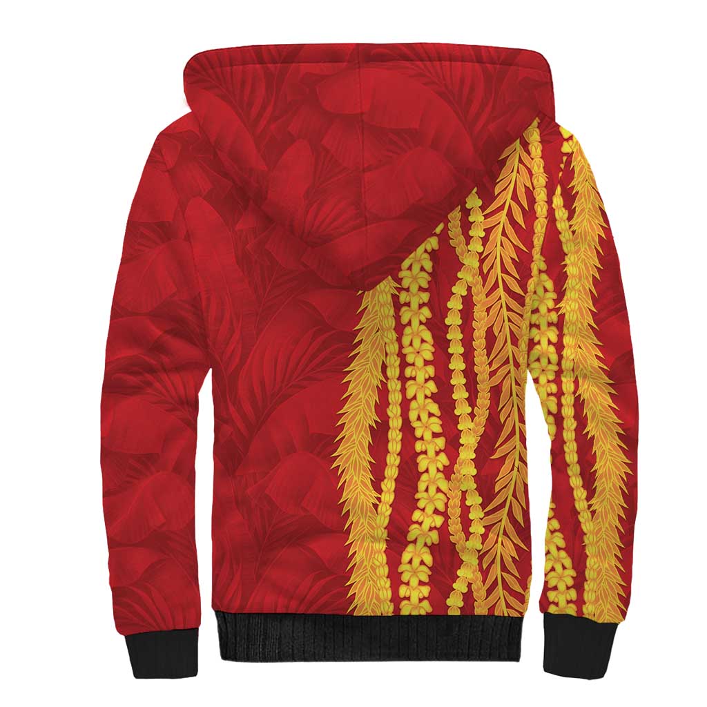 Hawaii Prince Kuhio Sherpa Hoodie Red Hawaiian Lau Maia With Leis