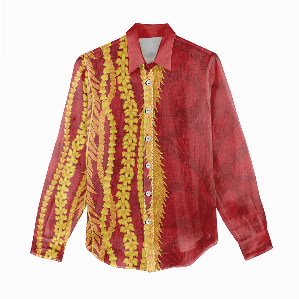 Hawaii Prince Kuhio Women Casual Shirt Red Hawaiian Lau Maia With Leis LT05 - Polynesian Pride