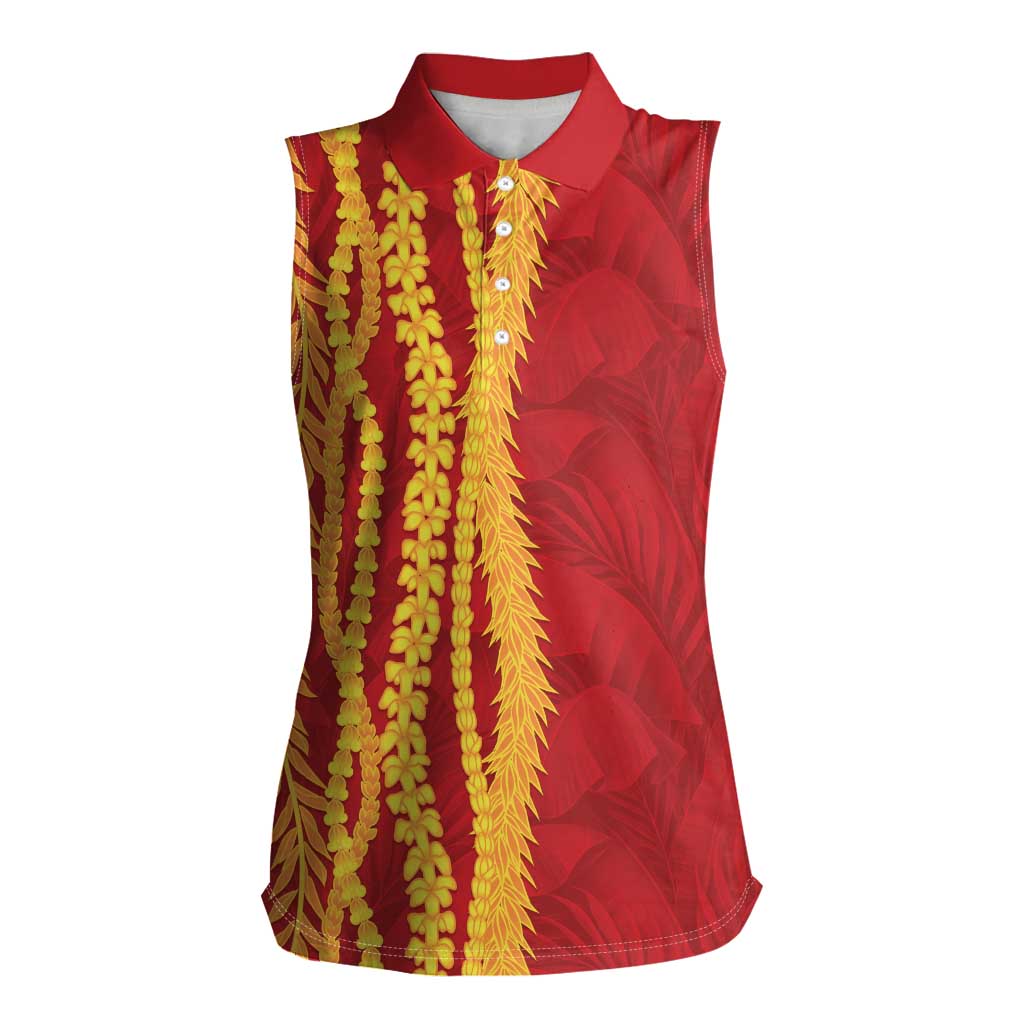 Hawaii Prince Kuhio Women Sleeveless Polo Shirt Red Hawaiian Lau Maia With Leis