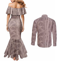 Hawaii Prince Kuhio Couples Matching Mermaid Dress and Long Sleeve Button Shirt Mocha Hawaiian Lau Maia With Leis LT05 - Polynesian Pride