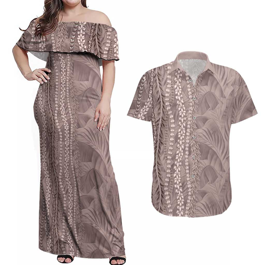 Hawaii Prince Kuhio Couples Matching Off Shoulder Maxi Dress and Hawaiian Shirt Mocha Hawaiian Lau Maia With Leis LT05 Mocha - Polynesian Pride