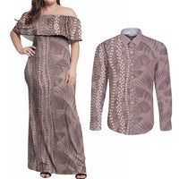 Hawaii Prince Kuhio Couples Matching Off Shoulder Maxi Dress and Long Sleeve Button Shirt Mocha Hawaiian Lau Maia With Leis LT05 Mocha - Polynesian Pride