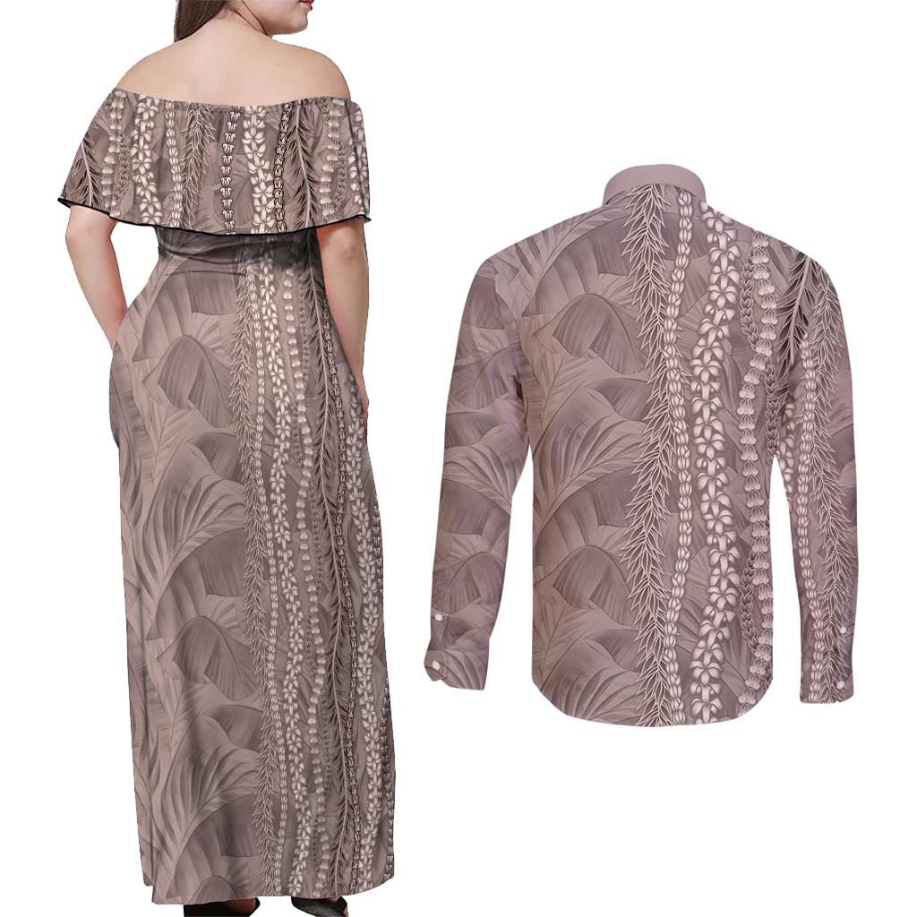 Hawaii Prince Kuhio Couples Matching Off Shoulder Maxi Dress and Long Sleeve Button Shirt Mocha Hawaiian Lau Maia With Leis LT05 - Polynesian Pride