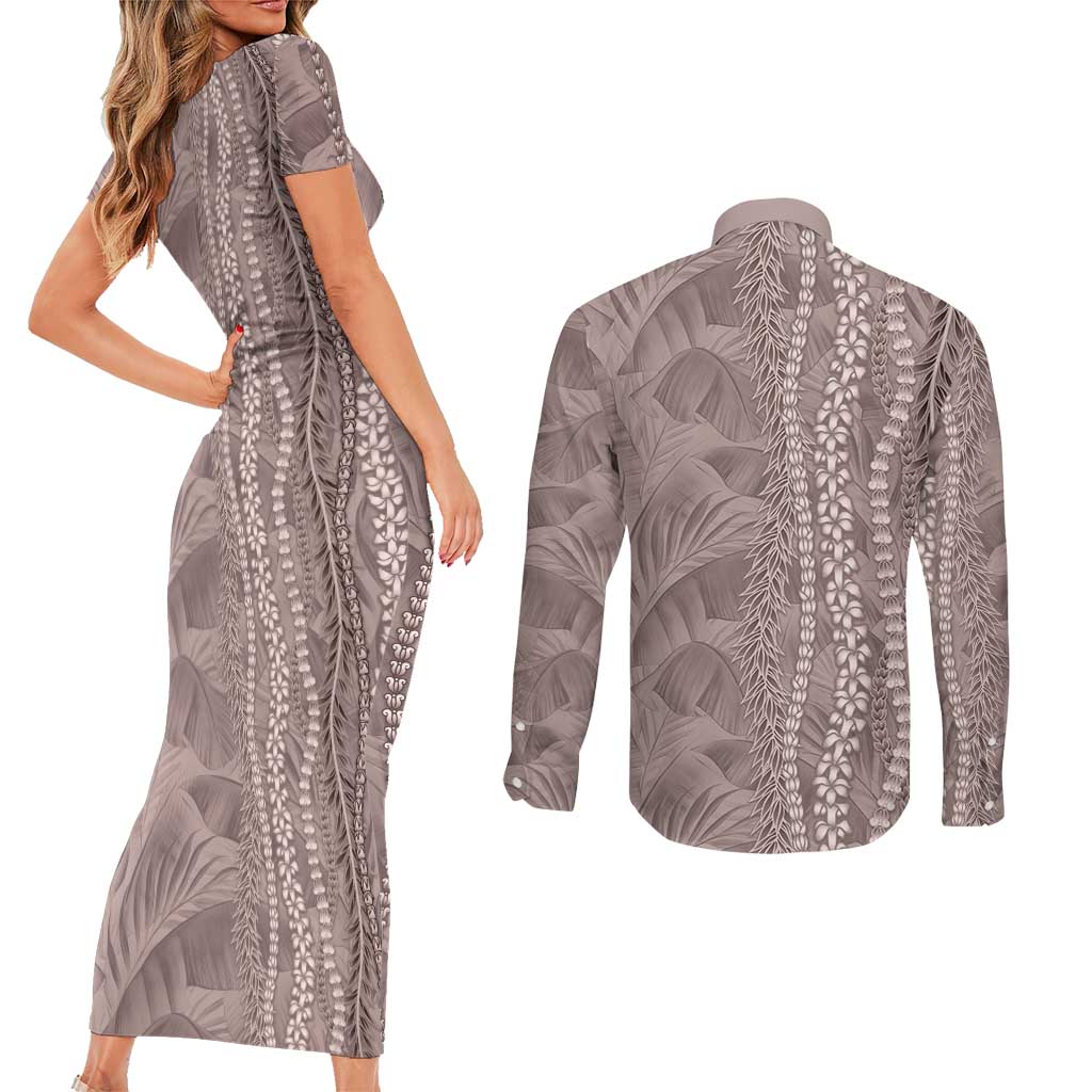 Hawaii Prince Kuhio Couples Matching Short Sleeve Bodycon Dress and Long Sleeve Button Shirt Mocha Hawaiian Lau Maia With Leis LT05 - Polynesian Pride