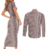 Hawaii Prince Kuhio Couples Matching Short Sleeve Bodycon Dress and Long Sleeve Button Shirt Mocha Hawaiian Lau Maia With Leis LT05 - Polynesian Pride