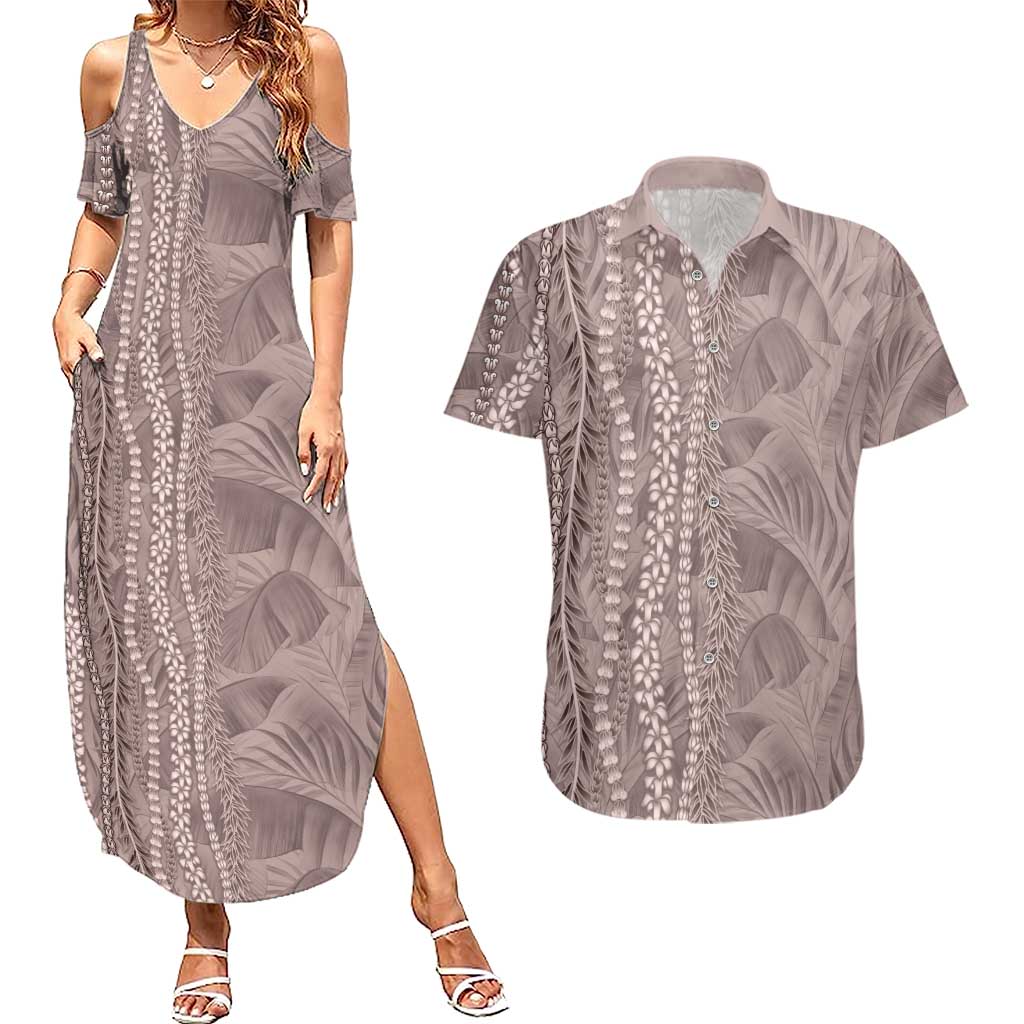 Hawaii Prince Kuhio Couples Matching Summer Maxi Dress and Hawaiian Shirt Mocha Hawaiian Lau Maia With Leis LT05 Mocha - Polynesian Pride