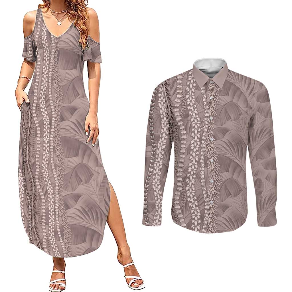 Hawaii Prince Kuhio Couples Matching Summer Maxi Dress and Long Sleeve Button Shirt Mocha Hawaiian Lau Maia With Leis LT05 Mocha - Polynesian Pride