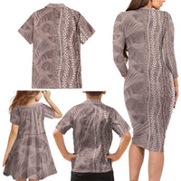 Hawaii Prince Kuhio Family Matching Long Sleeve Bodycon Dress and Hawaiian Shirt Mocha Hawaiian Lau Maia With Leis LT05 - Polynesian Pride