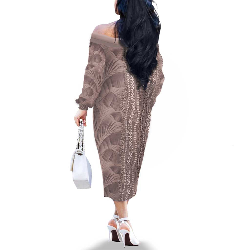 Hawaii Prince Kuhio Family Matching Off The Shoulder Long Sleeve Dress and Hawaiian Shirt Mocha Hawaiian Lau Maia With Leis LT05 - Polynesian Pride